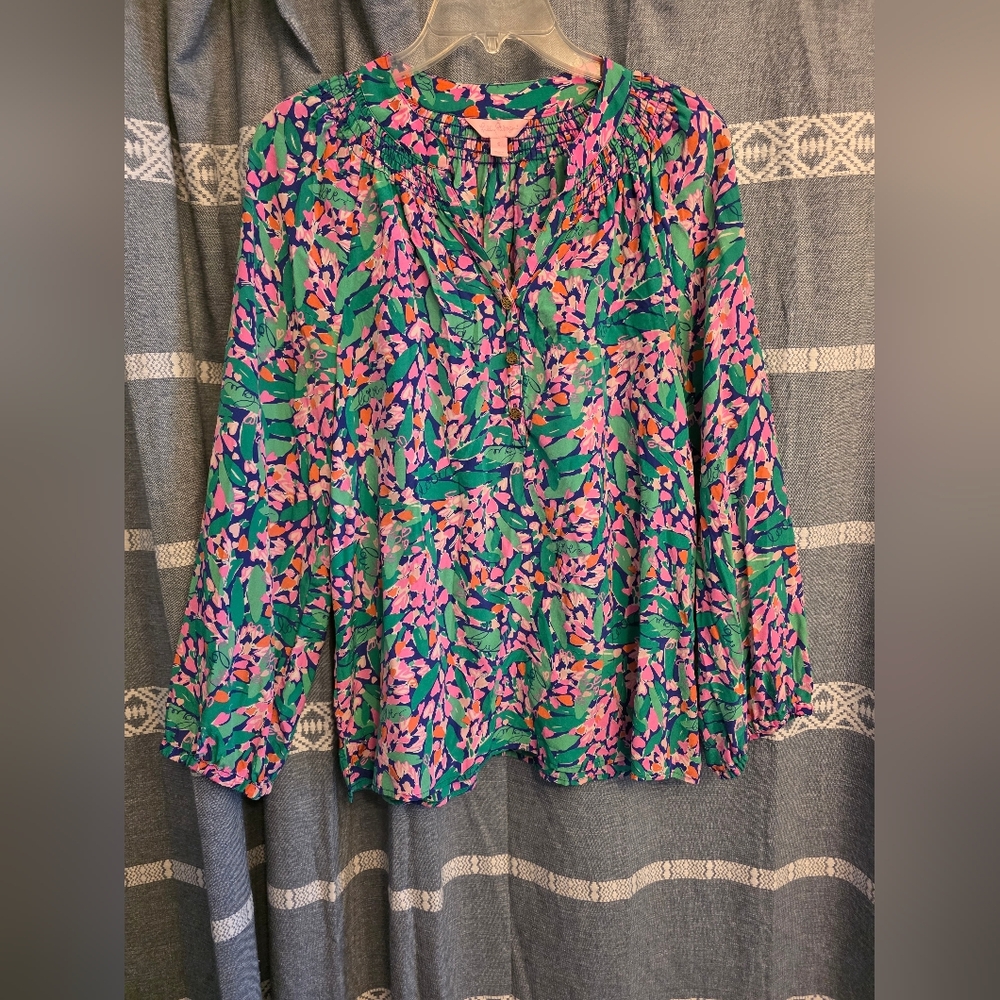 LILLY PULITZER 100% Silk Long Sleeve  Elsa Love Blouse Small